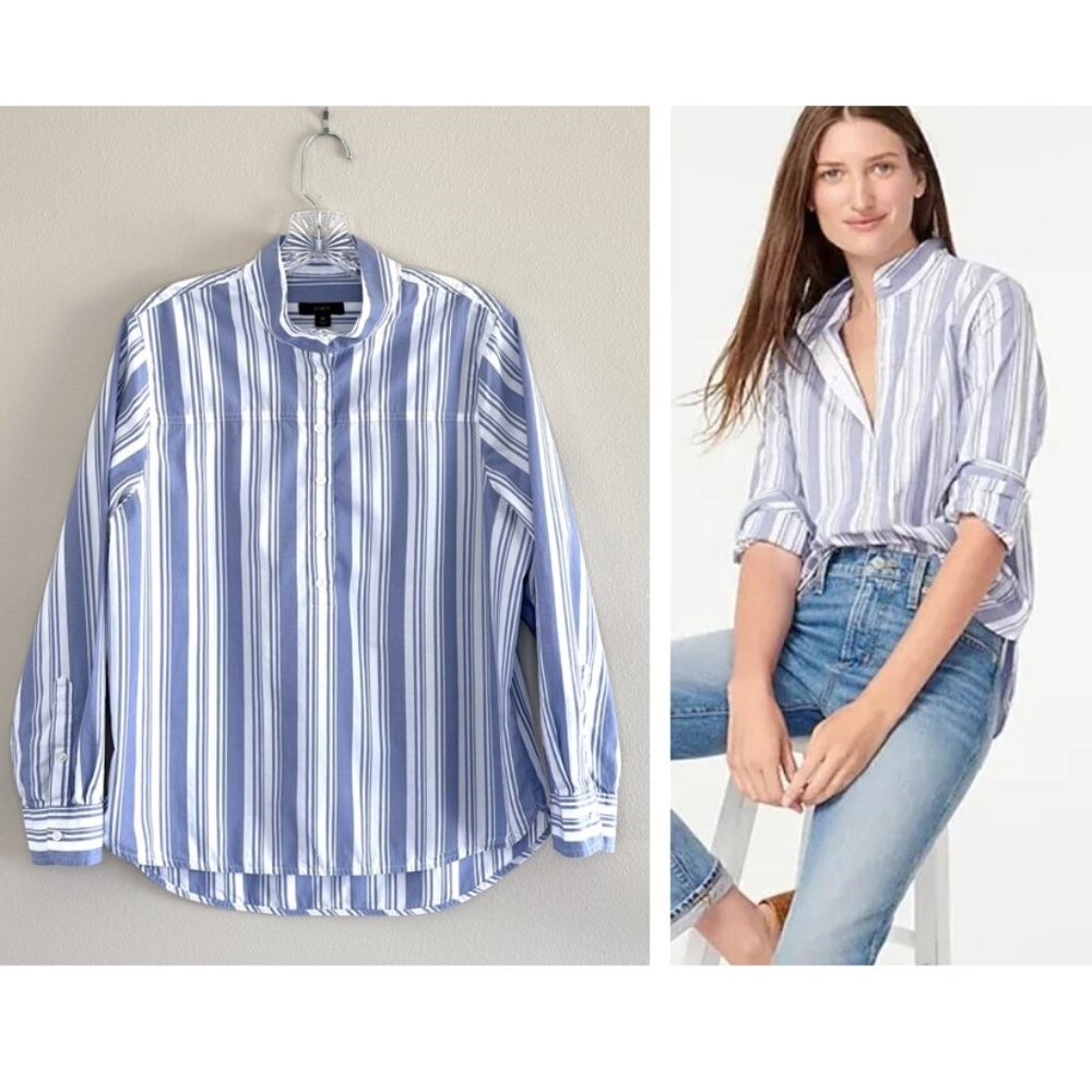 J. Crew Band Collar Cotton Poplin Shirt in Blue White Stripe